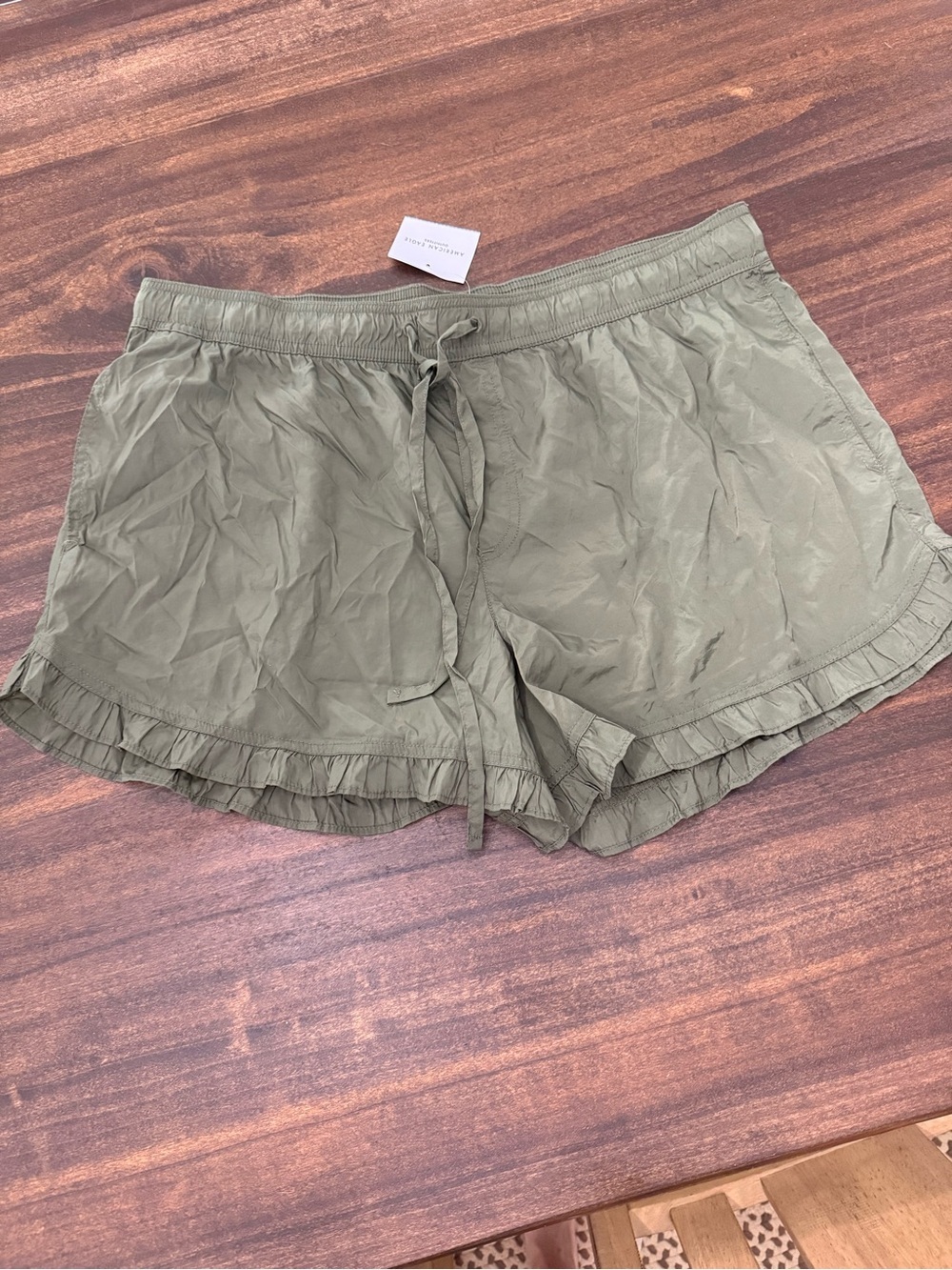 American Eagle Outfitters Olive Ruffle-Hem Drawstring Shorts